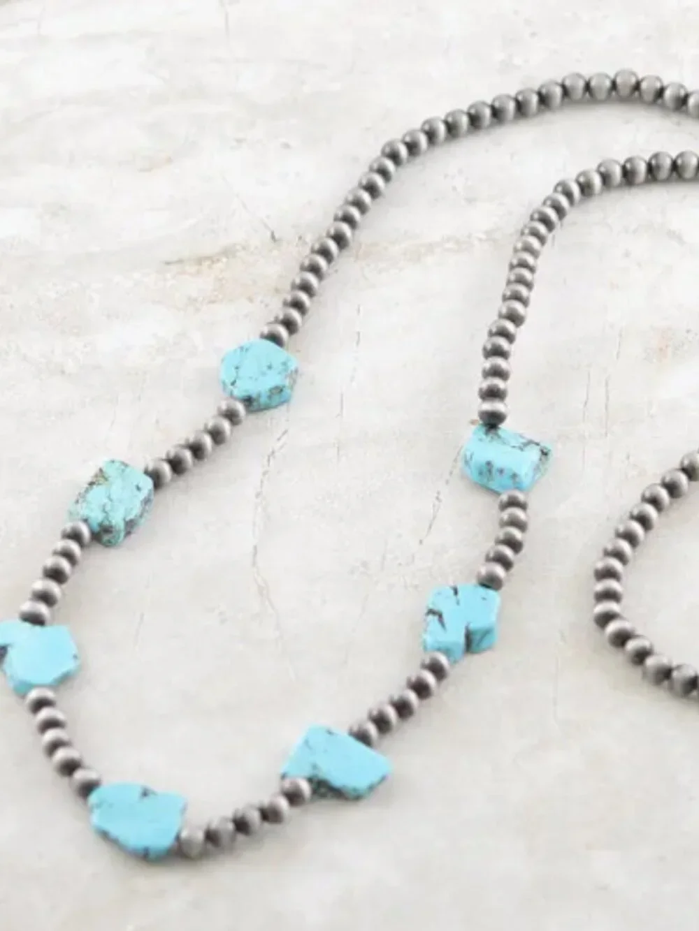 Western Long Faux Turquoise Nugget & Sterling Pearl Statement Necklace — 46 Inch